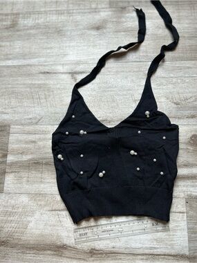 Women’s Pearl-Embellished Black Halter Crop Top